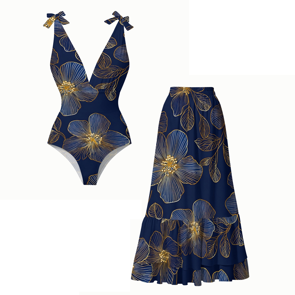 Navy Blue Golden Line Floral Swimsuit with Ruffle Cover Up Skirt