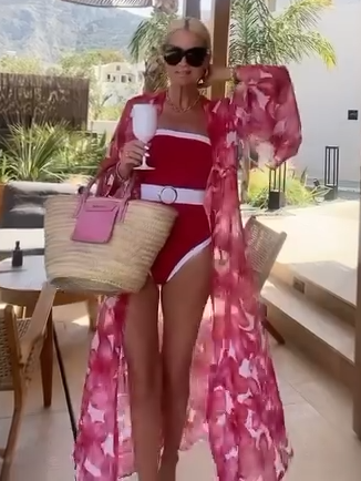 Red Print Bandeau One-Piece with Long Sleeve Cover-Up