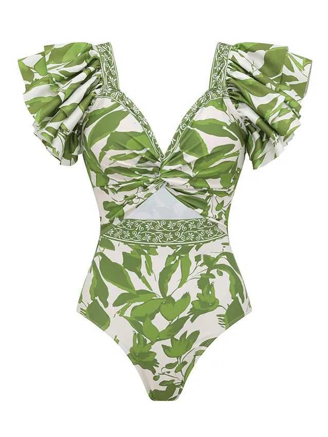 Ruffle V Neck Green Print Cut Out Swimsuit Set