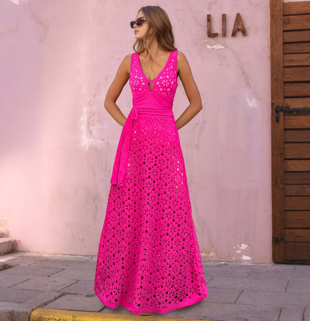 Women's V Neck Bestselling Sexy Solid Color Cut-Out One-Piece Swimsuit Set -Pink