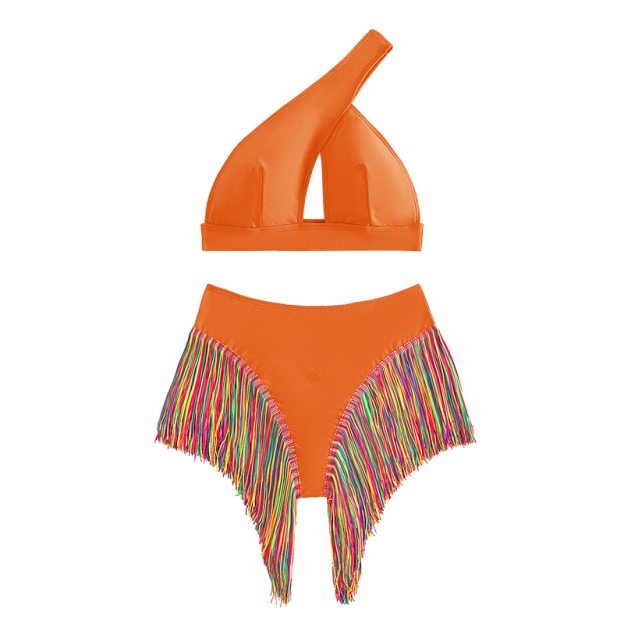 Sexy Solid Color One-Shoulder Two-Piece Swimsuit Set with Fringe Detail