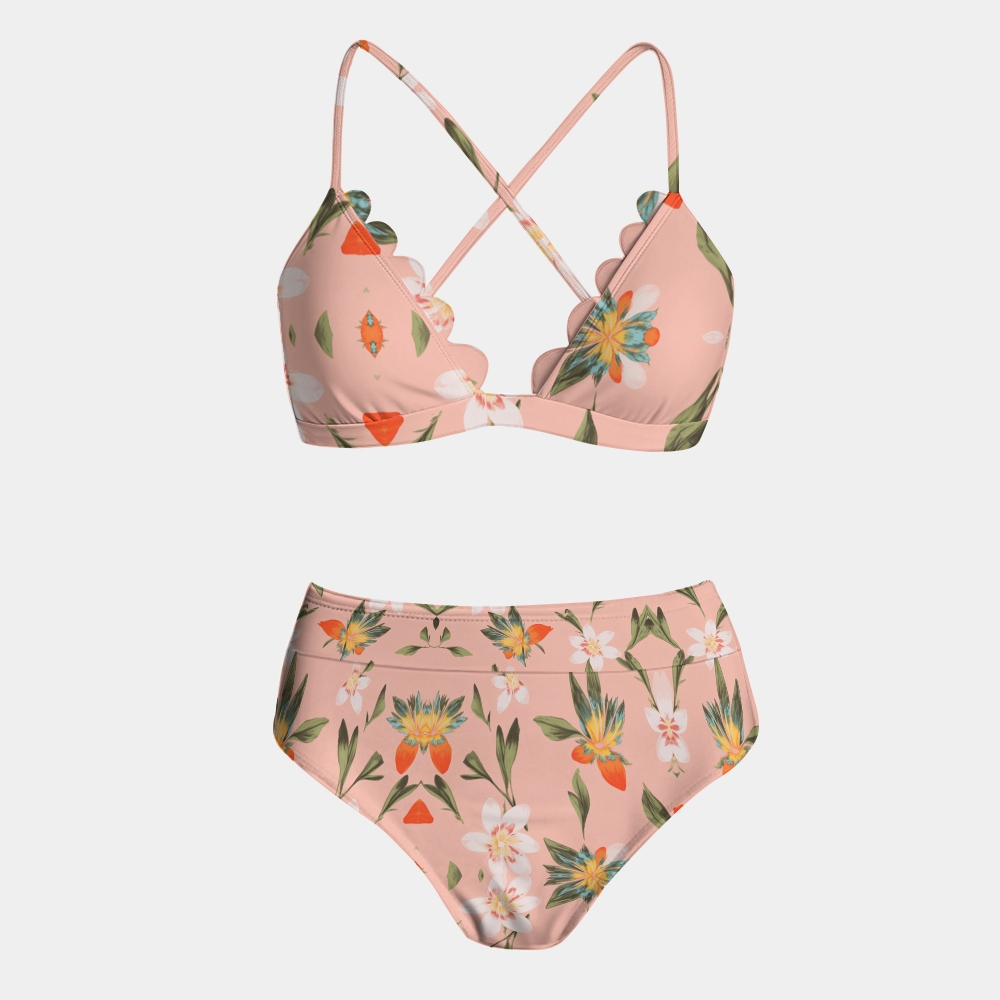 Scalloped Bikini Set with High-Waisted Bottoms and Floral Wrap Skirt