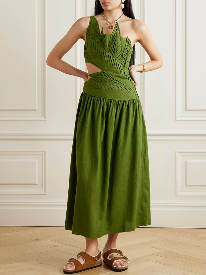 Green Design Sleeveless Leaf Dress