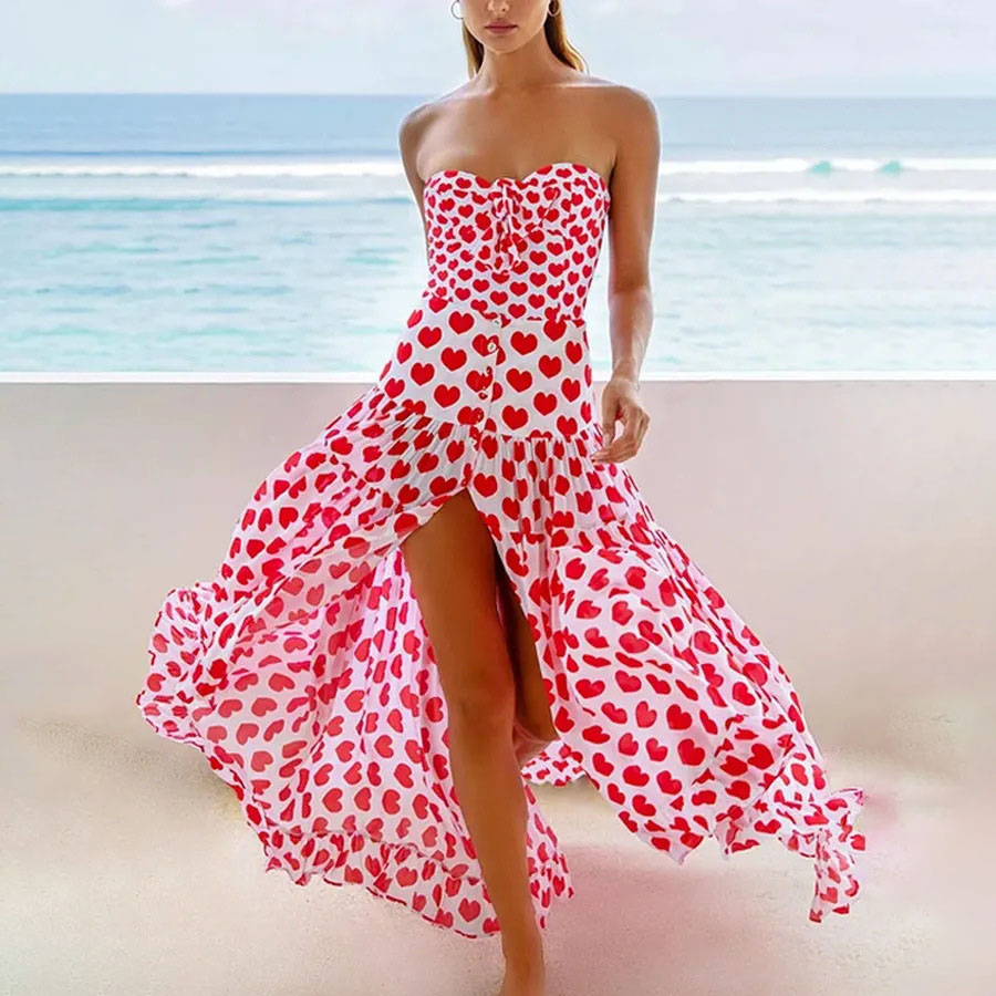 Women's Romantic Heart Print One-Piece Swimsuit with Skirt