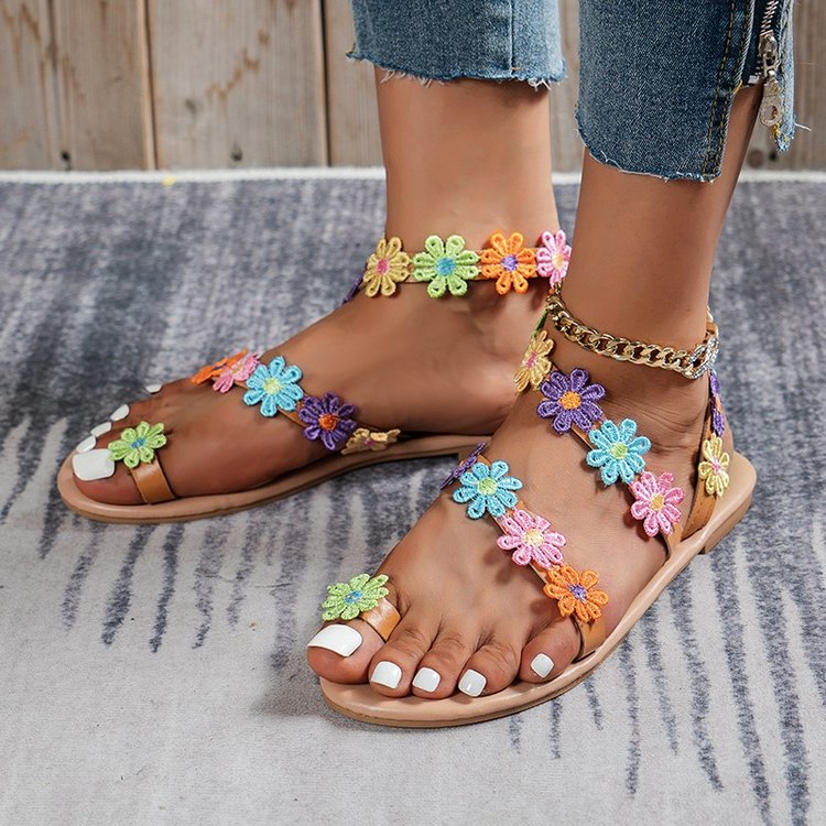 Women's Colorful Thong Beach Sandals with Petal Accents