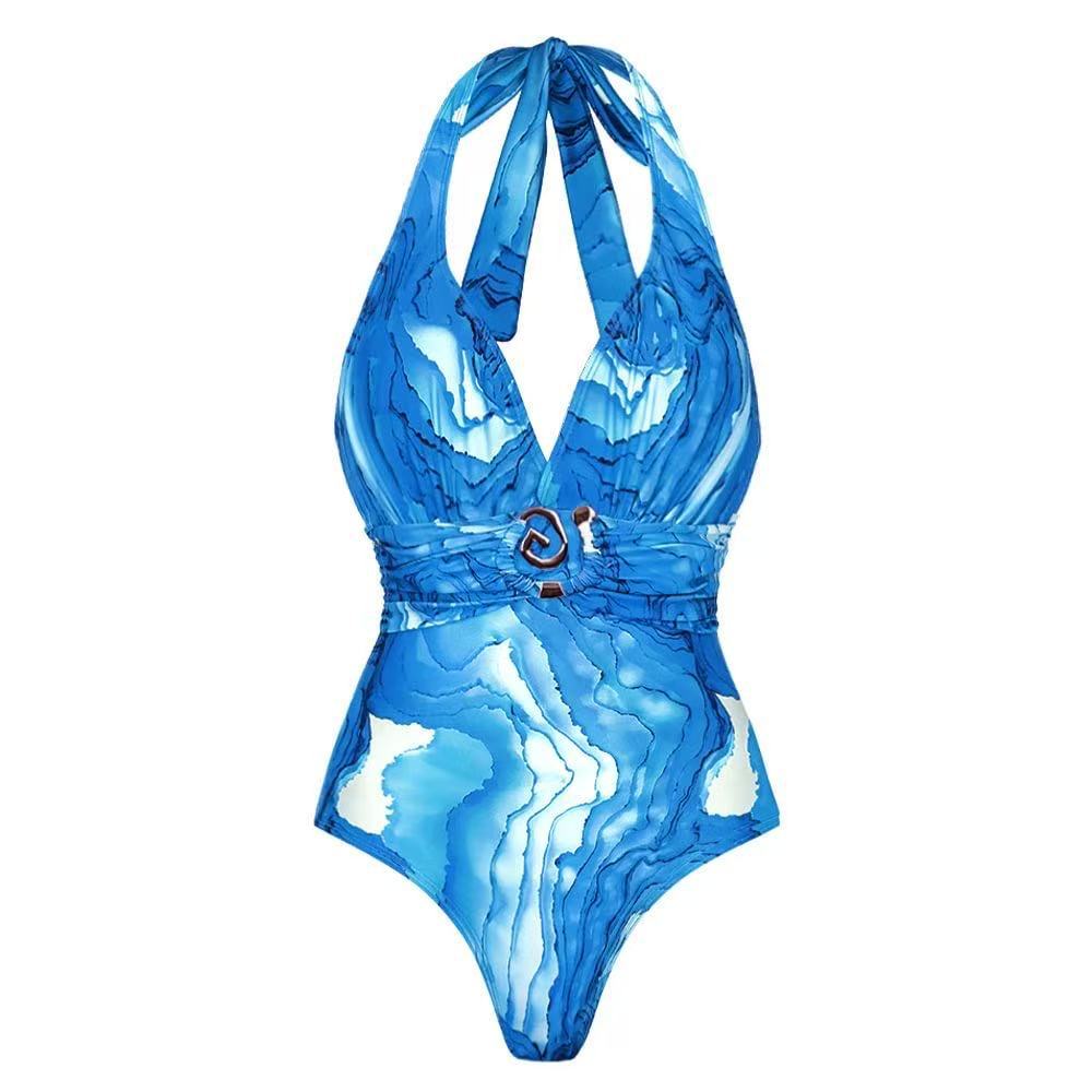 Women's Halter Neck Swimsuit with Plunging V-Neck Tie-Front and Blue Gradient Print One-Piece Swimsuit with Skirt