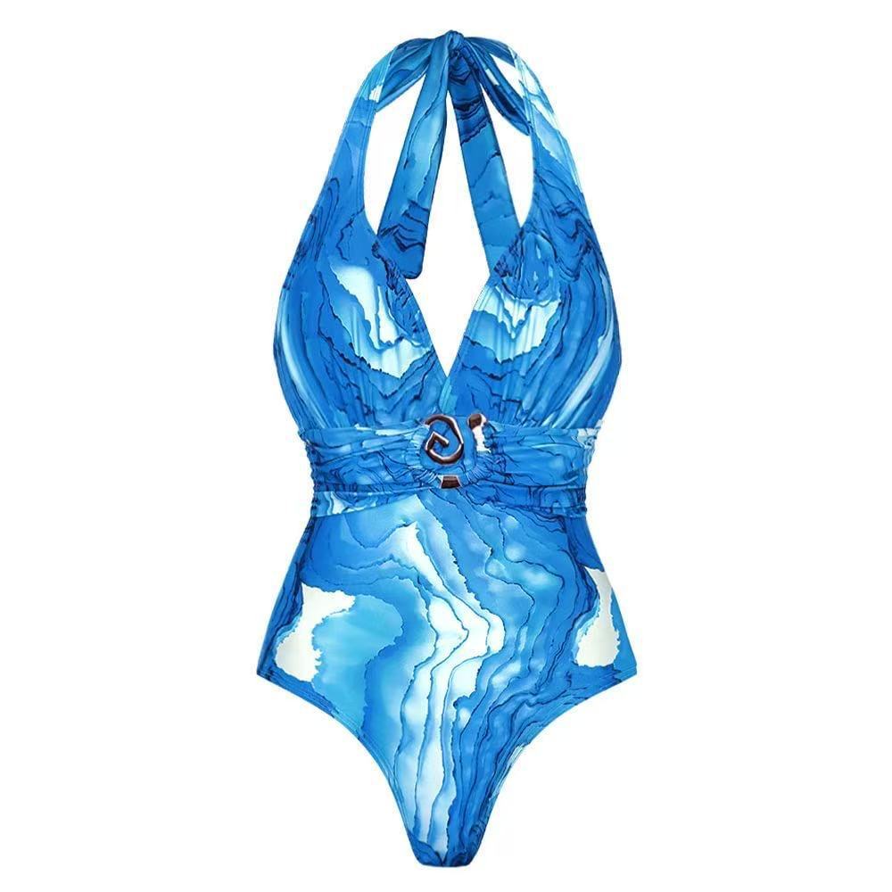 Women's Halter Neck Swimsuit with Plunging V-Neck Tie-Front and Blue Gradient Print One-Piece Swimsuit with Skirt