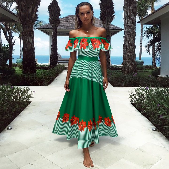 Green Stripe & Floral Patchwork Swimsuit Set