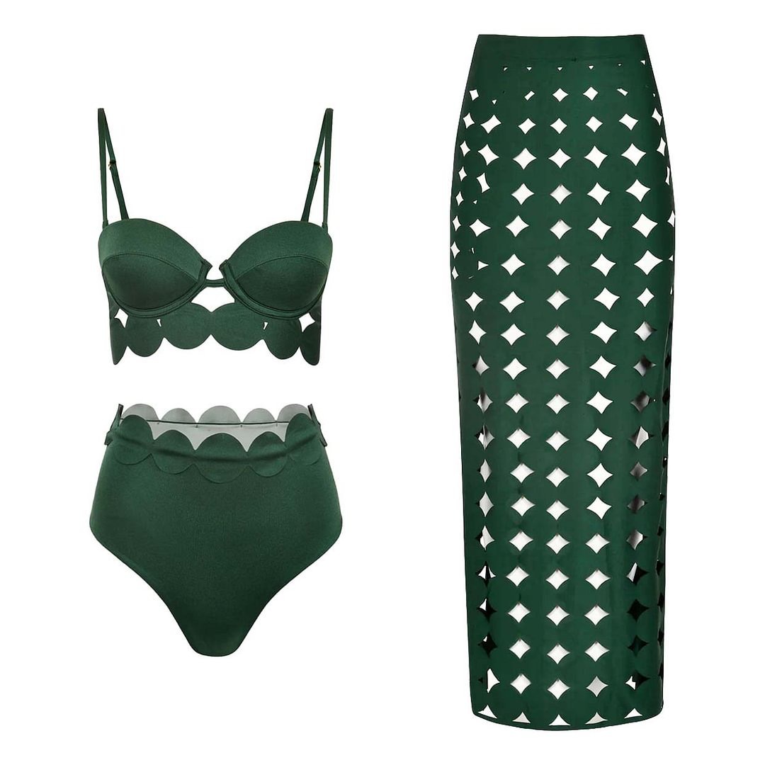 Women's New Solid Color Sexy Cut-Out Bikini Two-Piece Swimsuit with Skirt - Green