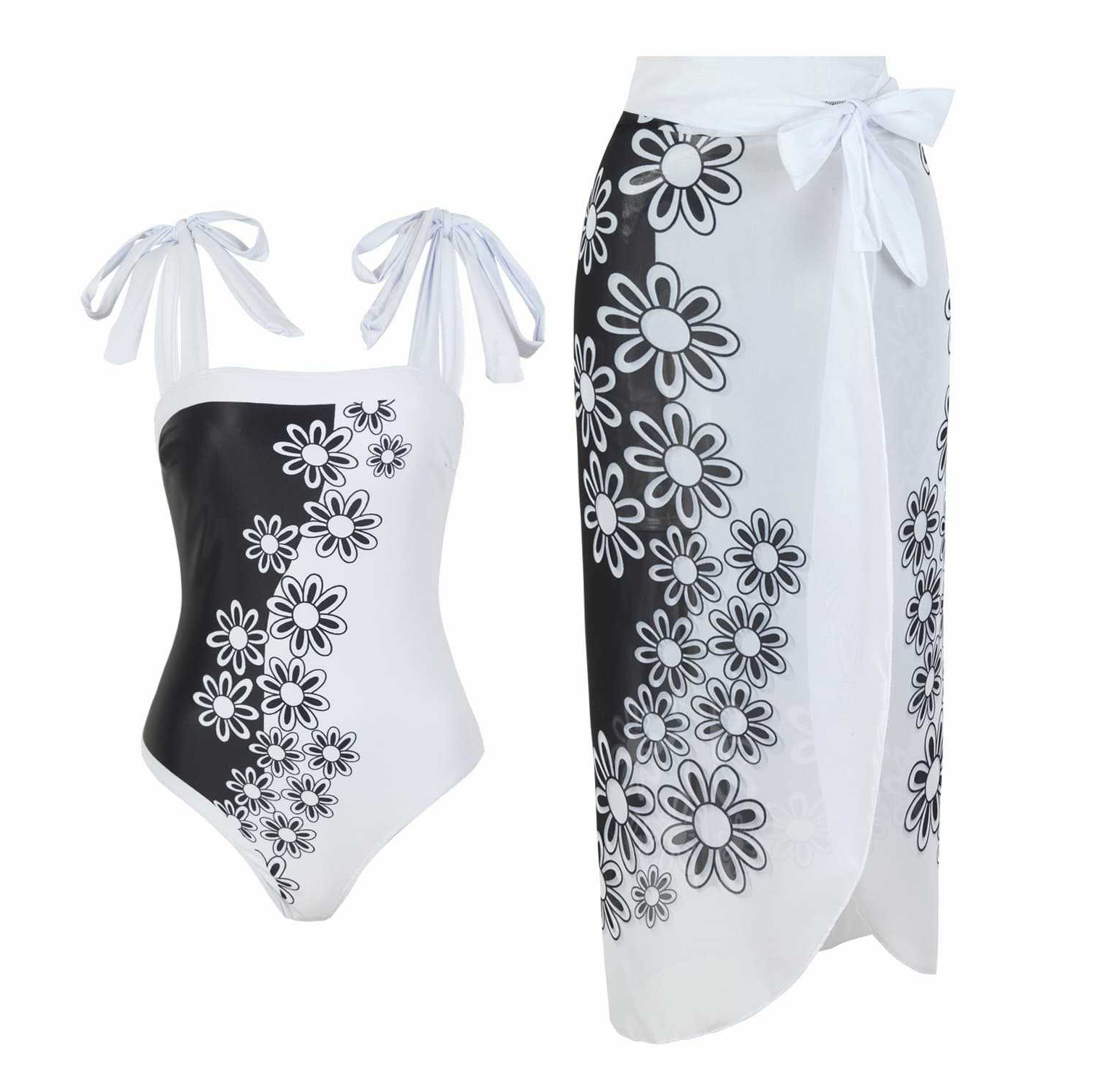 Women's Elegant Black and White Floral Print One-Piece Swimsuit with Skirt