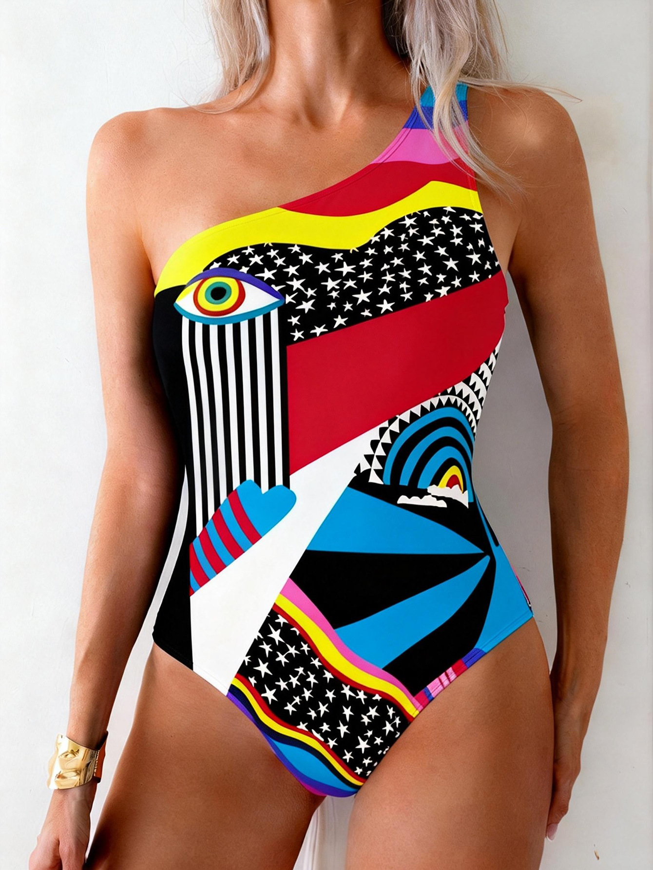One-Shoulder Abstract Print One-Piece Swimsuit