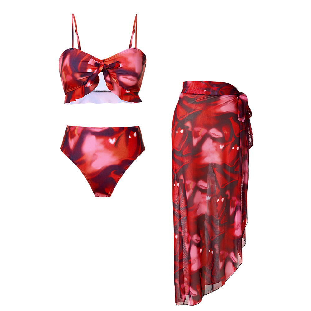 Abstract Print High-Waisted Bikini Set with Matching Skirt