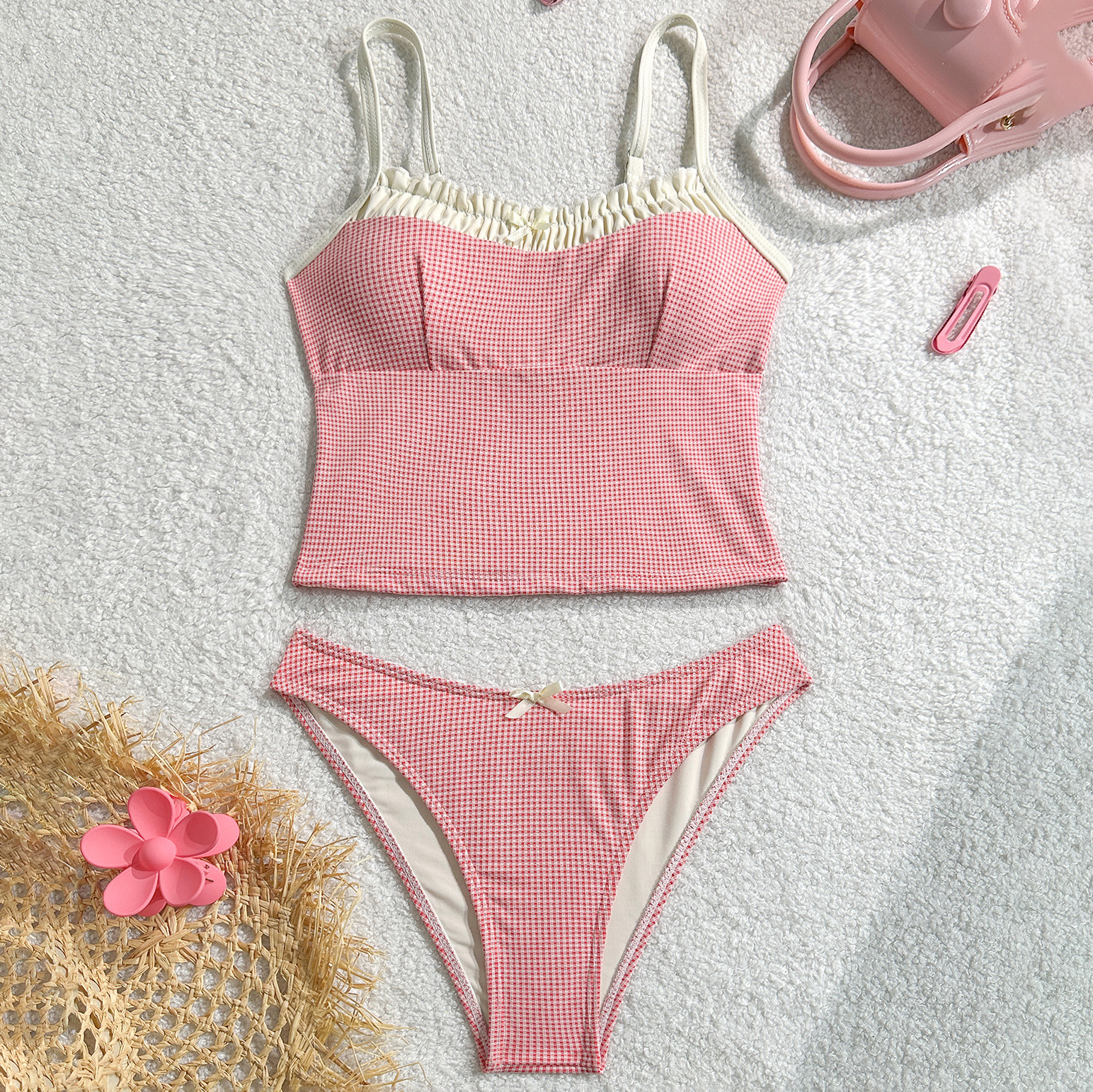 Bow Accent Tankini Set with Lace Trim and Open Back