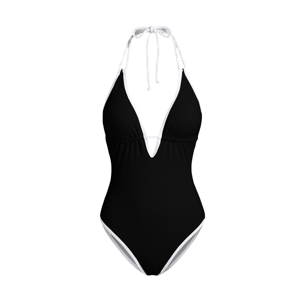 Contrast Halter Swimsuit with Irregular Ruffle Sarong Swimsuit Set