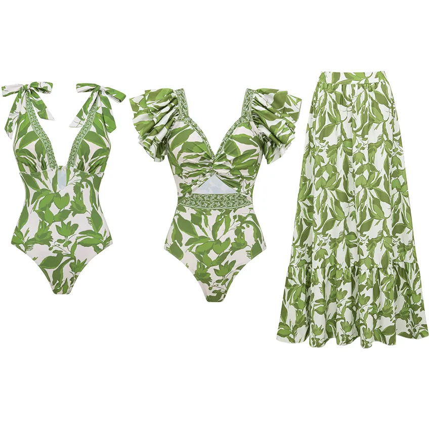 Ruffle V Neck Green Print Cut Out Swimsuit Set