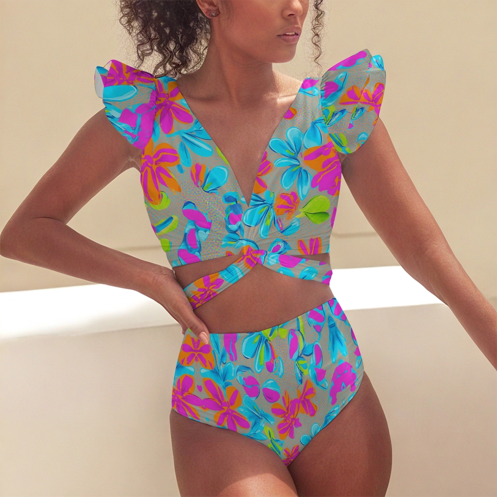 Colorful Floral Deep V Ruffle Bikini Swimsuit with Matching Sarong