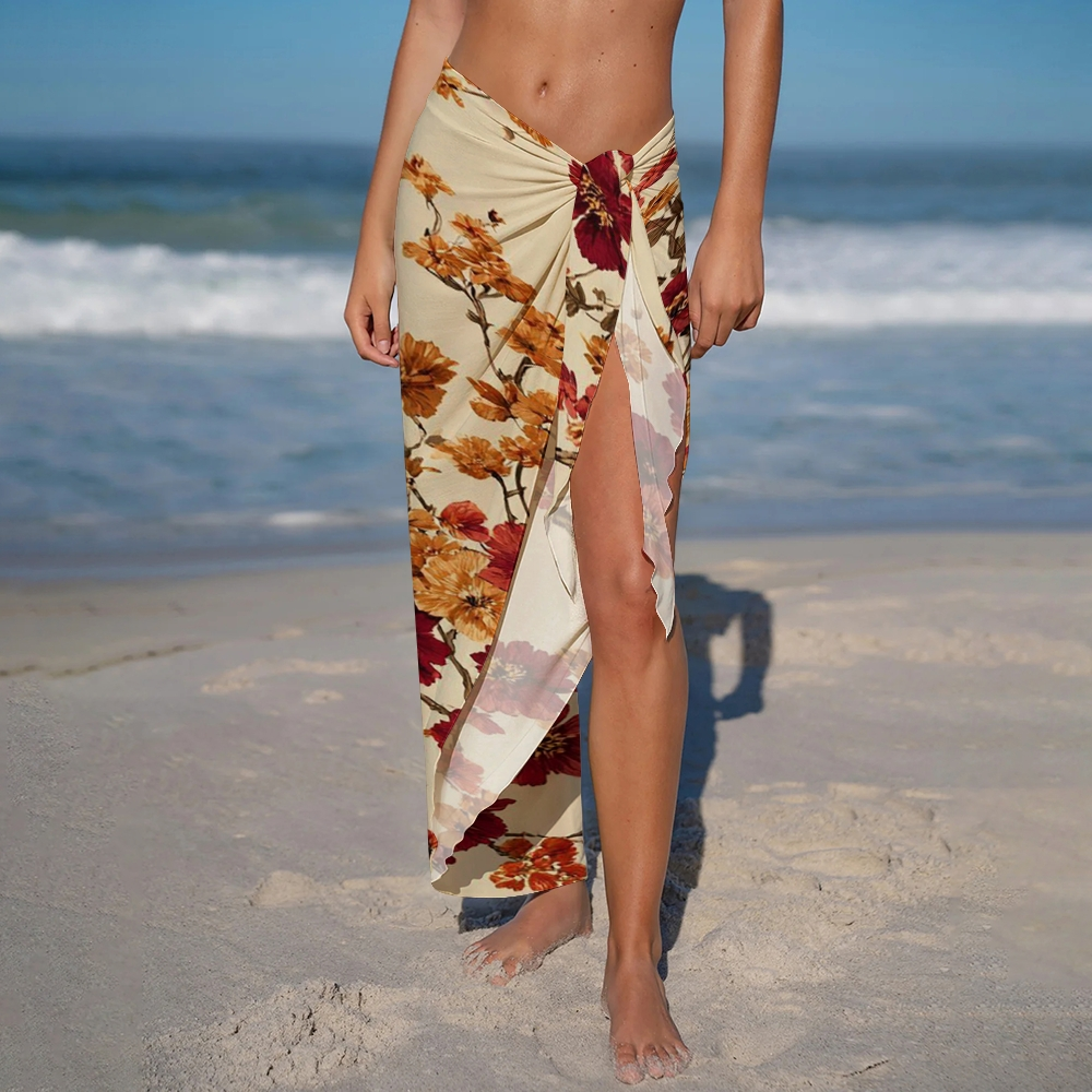 Retro Floral Print Ruffle Swimsuit Set With Beach Skirt