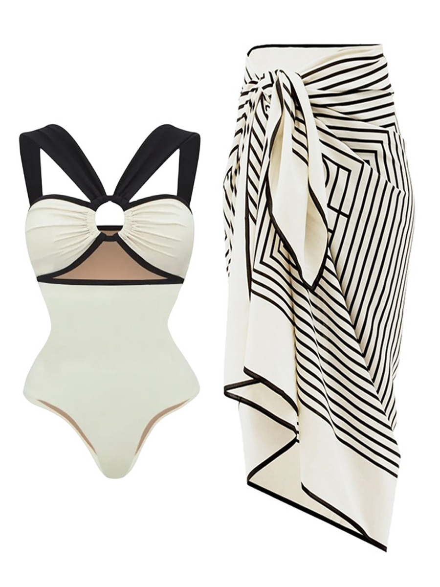 Color Block One-Piece Swimsuit And Beach Kaftan Dress