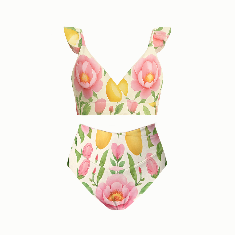 Tropical Fruit Floral Bikini Set with Ruffle Strap Top and High Waist Bottom