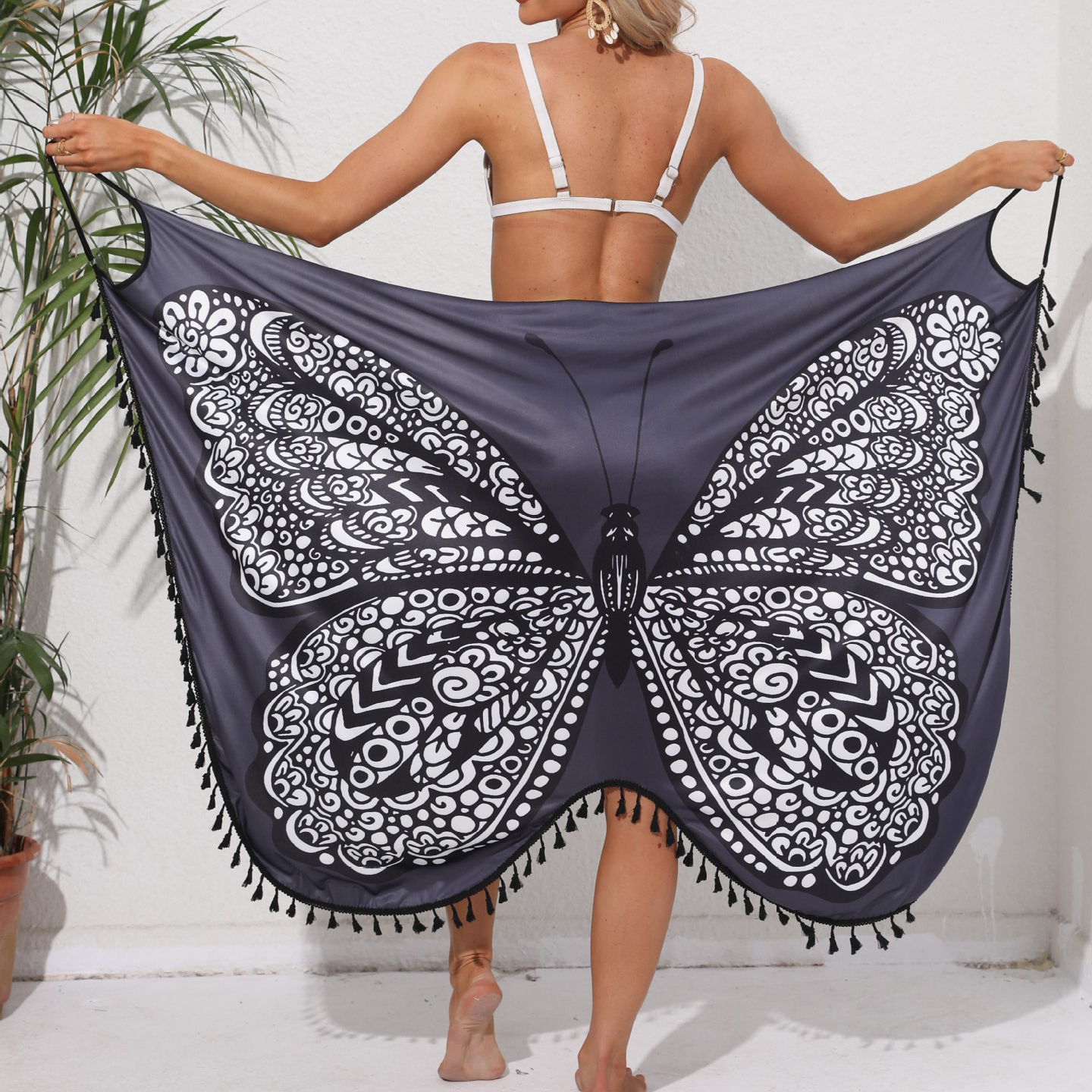 Vacation Style Butterfly Print Spaghetti Strap Beach Dress with Tie-Back and Open Back