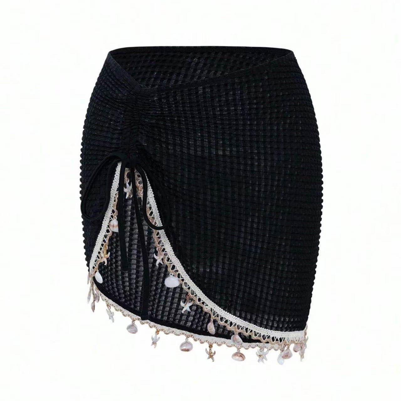 Black Knit Cover-Up Skirt Embellished with Shells, Starfish, and Fringe