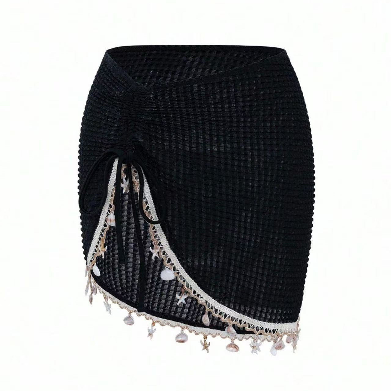 Black Knit Cover-Up Skirt Embellished with Shells, Starfish, and Fringe