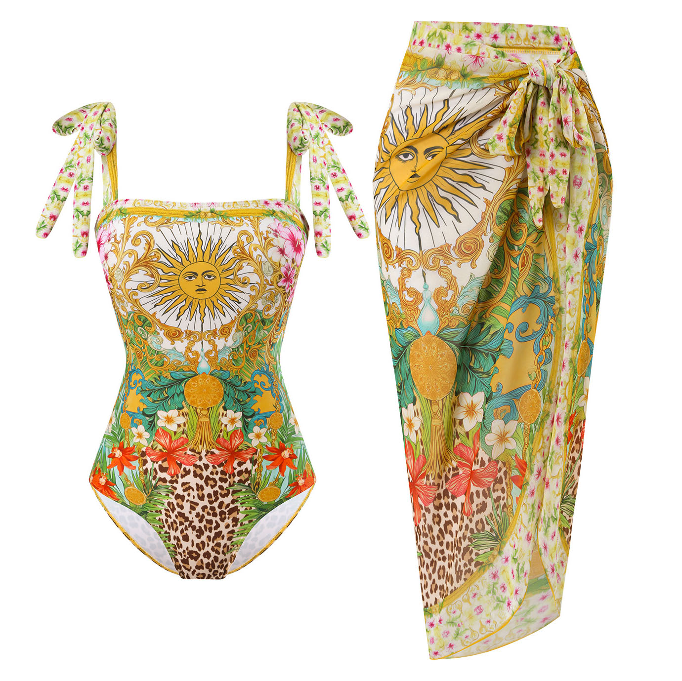 Women's Vintage Sun Print One-Piece Swimsuit and Matching Maxi Skirt