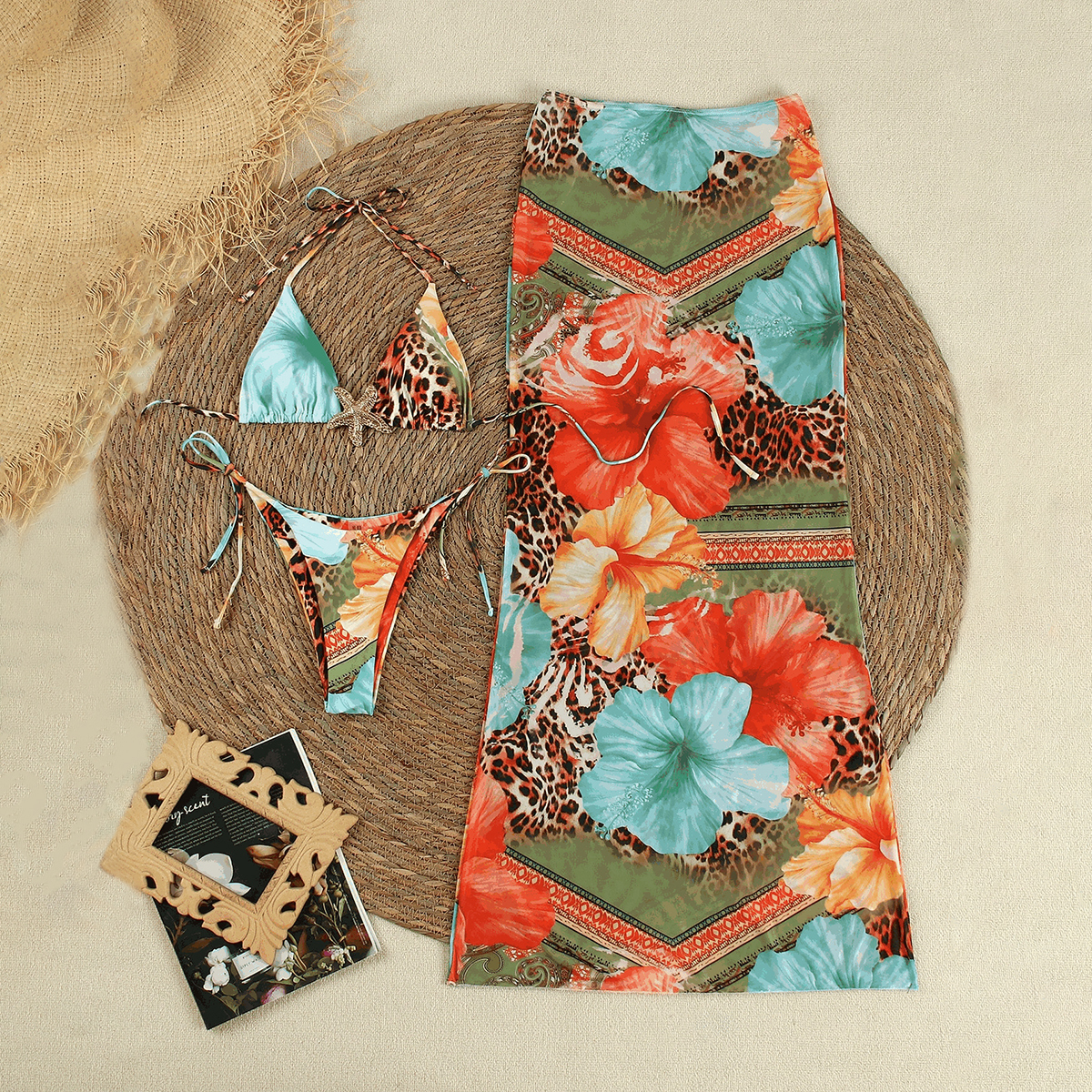 Tropical Floral Colorful Print Two Piece Bikini and Chiffon Cover-Up