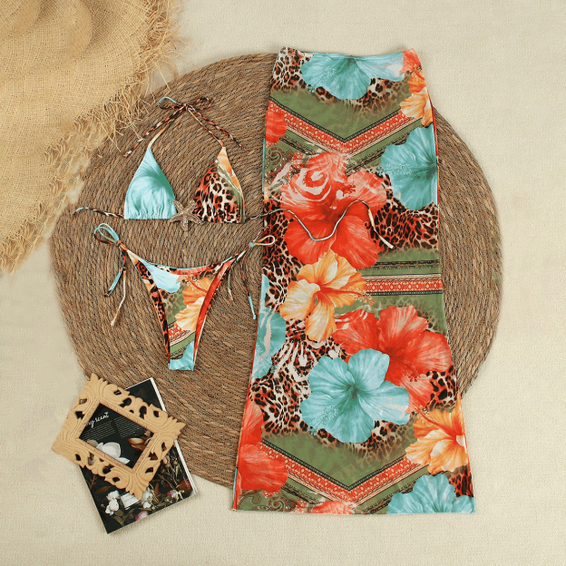Tropical Floral Colorful Print Two Piece Bikini and Chiffon Cover-Up