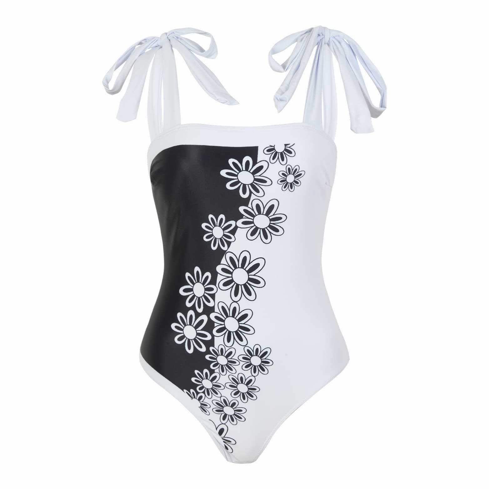 Women's Elegant Black and White Floral Print One-Piece Swimsuit with Skirt