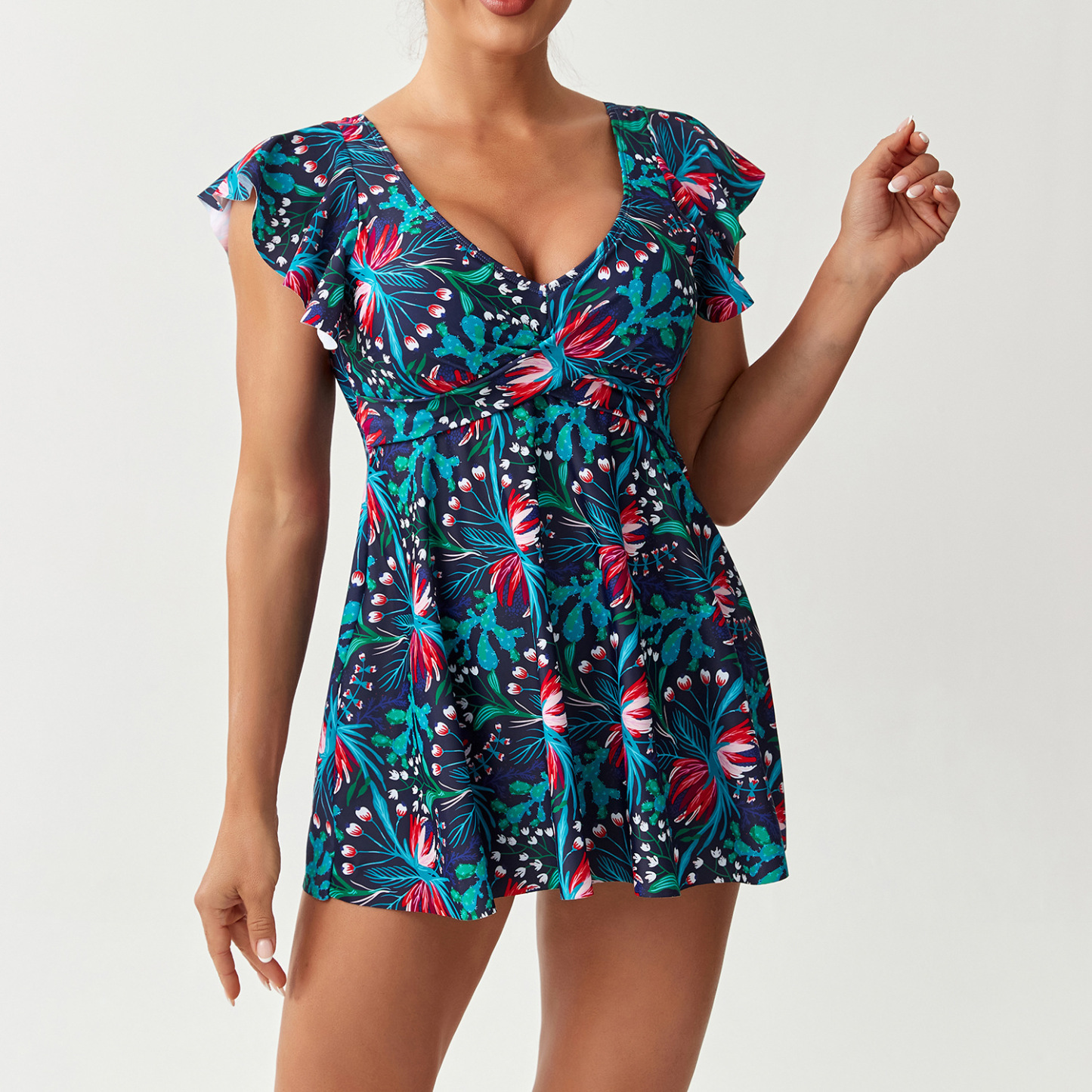 Women's Short Sleeve Ruffle Trim Skirted Swimwear Set with Tropical Botanical Print