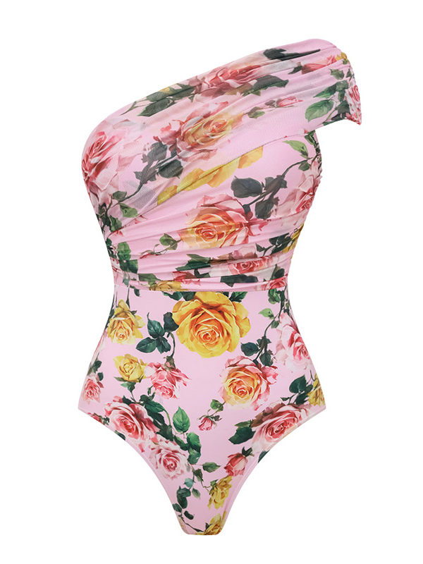 New Pink Floral Print One-Shoulder One-Piece with Skirt