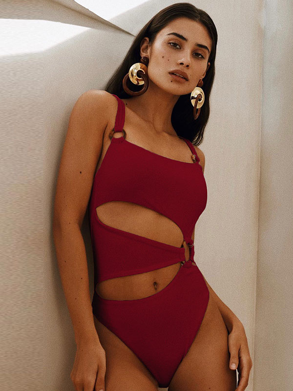 Square Neck Metal Ring Side Cutout One Piece Swimsuit