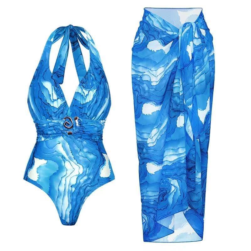 Women's Halter Neck Swimsuit with Plunging V-Neck Tie-Front and Blue Gradient Print One-Piece Swimsuit with Skirt