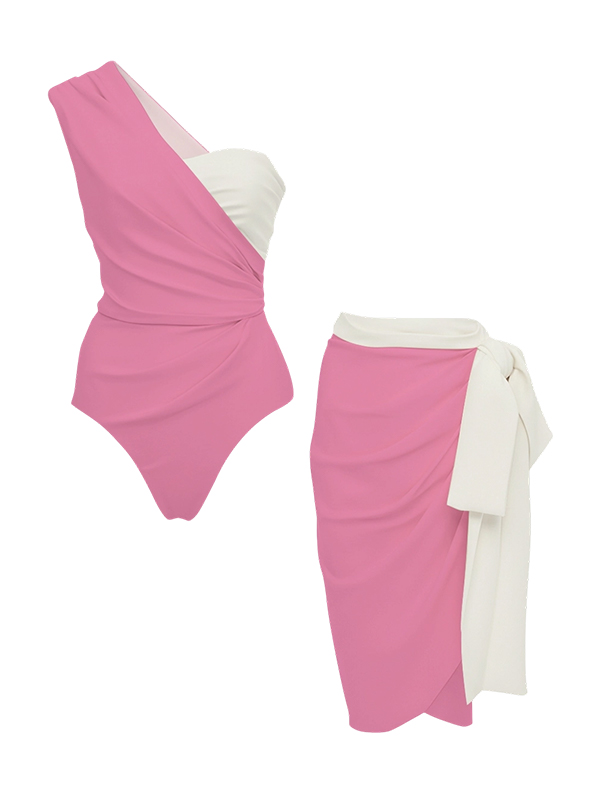 Asymmetric Pink and White Frilled Swimsuit and Skirt