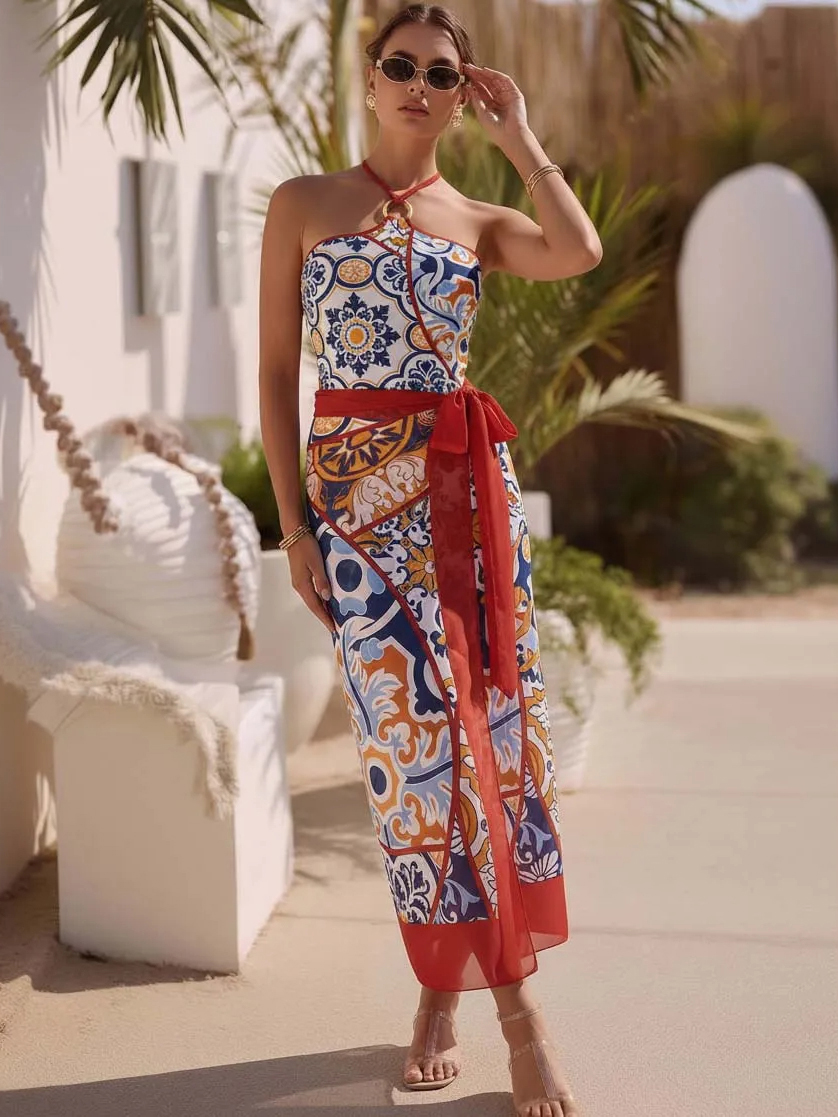 Vintage Printed Halter One Piece Swimsuit and Sarong