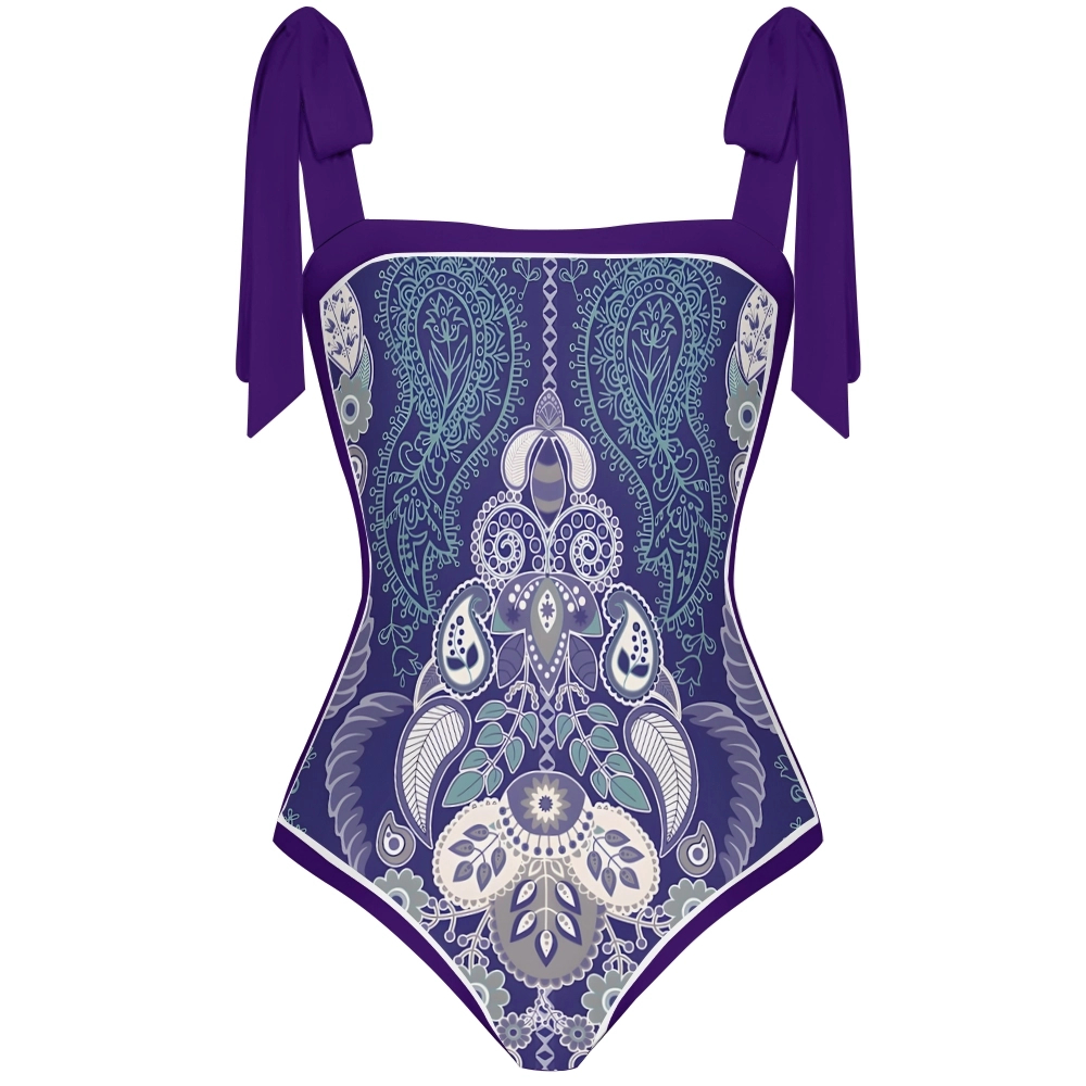 Paisley Vintage Women Inspired Swimsuit Deep Red Base with Lavender and Blue Accents