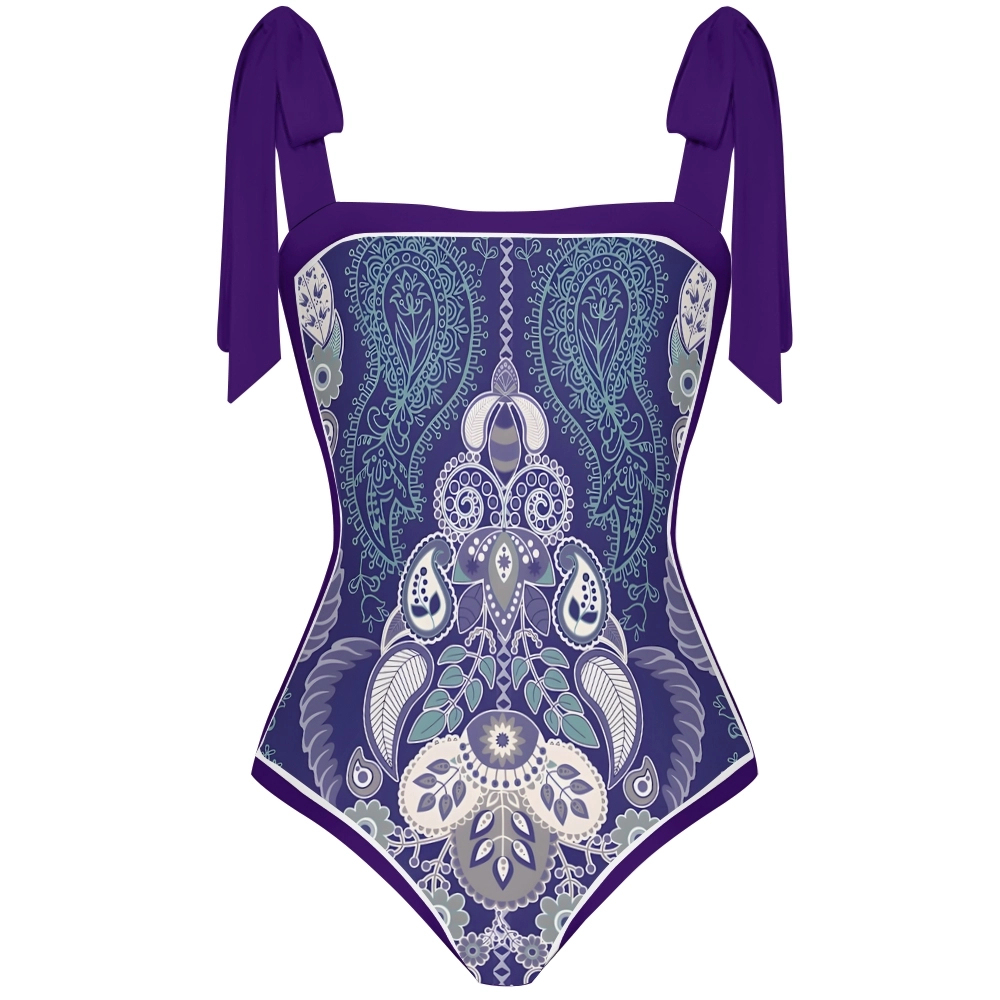 Paisley Vintage Women Inspired Swimsuit Deep Red Base with Lavender and Blue Accents