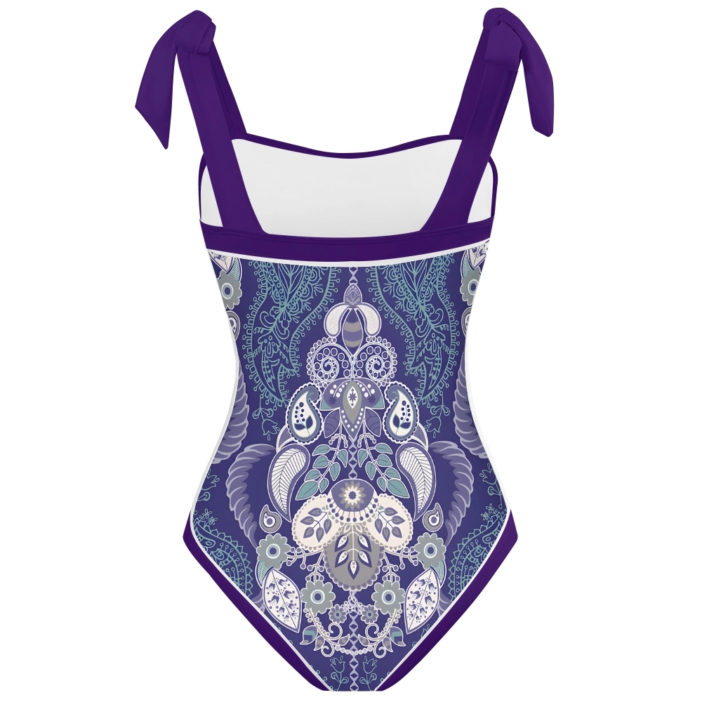 Paisley Vintage Women Inspired Swimsuit Deep Red Base with Lavender and Blue Accents