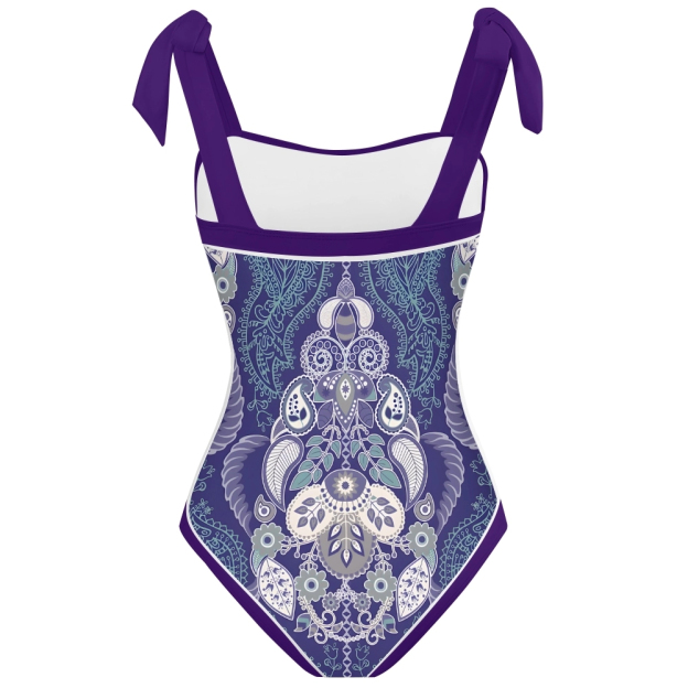 Paisley Vintage Women Inspired Swimsuit Deep Red Base with Lavender and Blue Accents