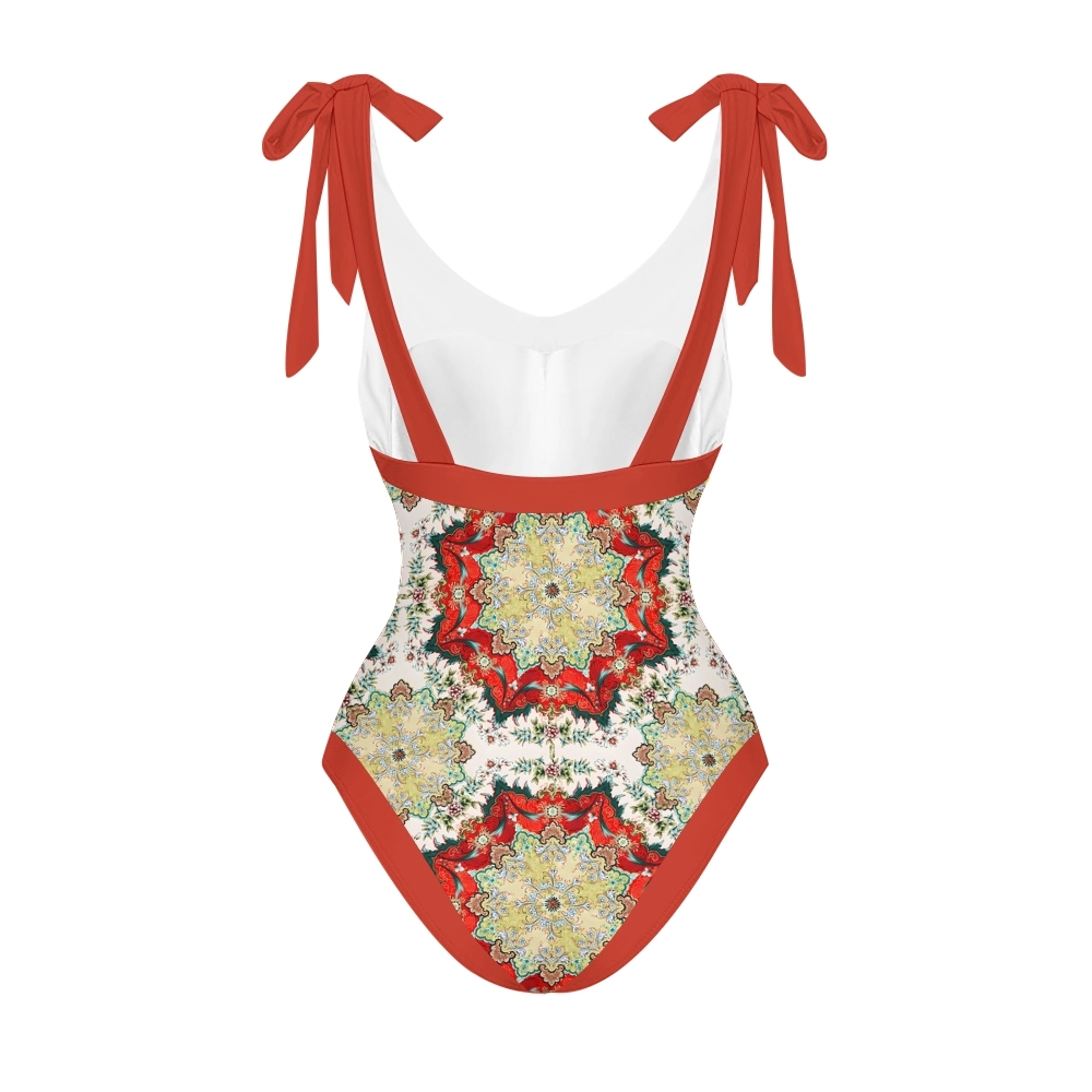 Women's Boho Printed Swimsuits Set with Purple Trim and Waist Tie Skirt