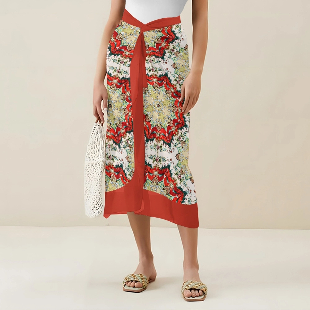 Women's Boho Printed Swimsuits Set with Purple Trim and Waist Tie Skirt