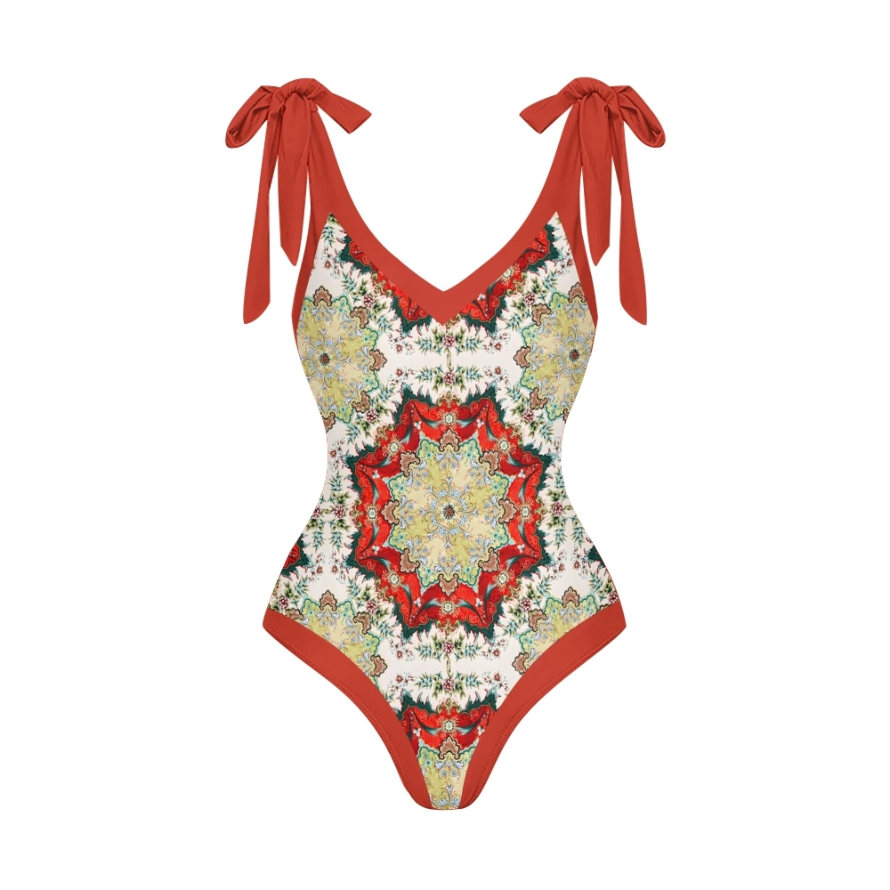 Women's Boho Printed Swimsuits Set with Purple Trim and Waist Tie Skirt