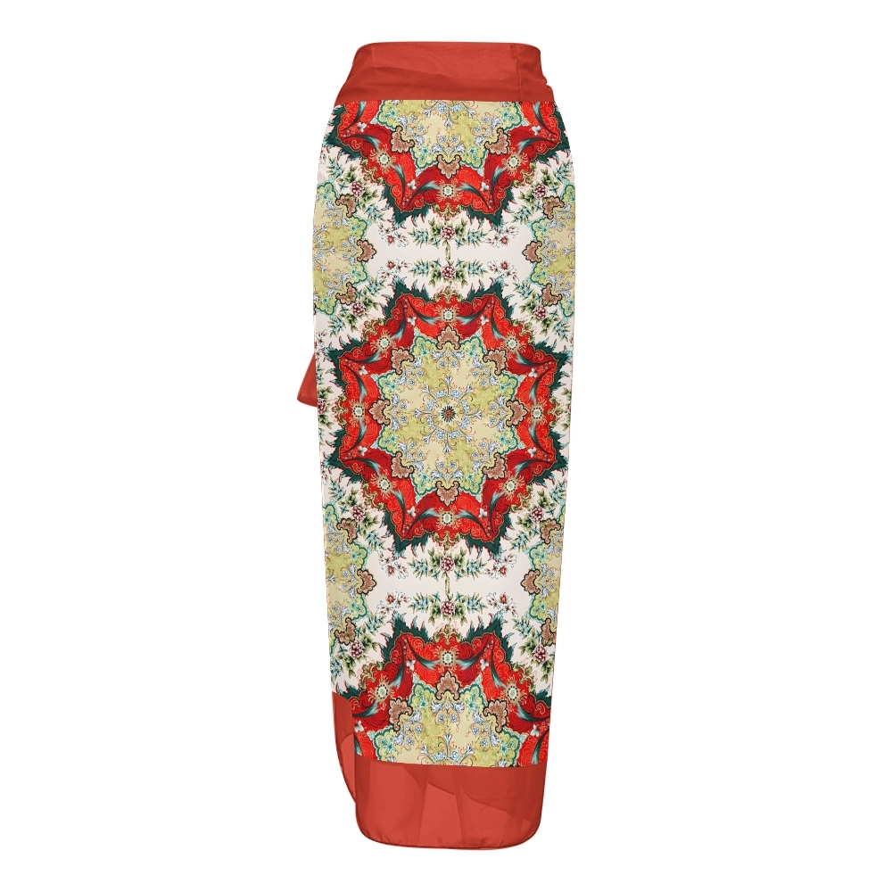 Women's Boho Printed Swimsuits Set with Purple Trim and Waist Tie Skirt