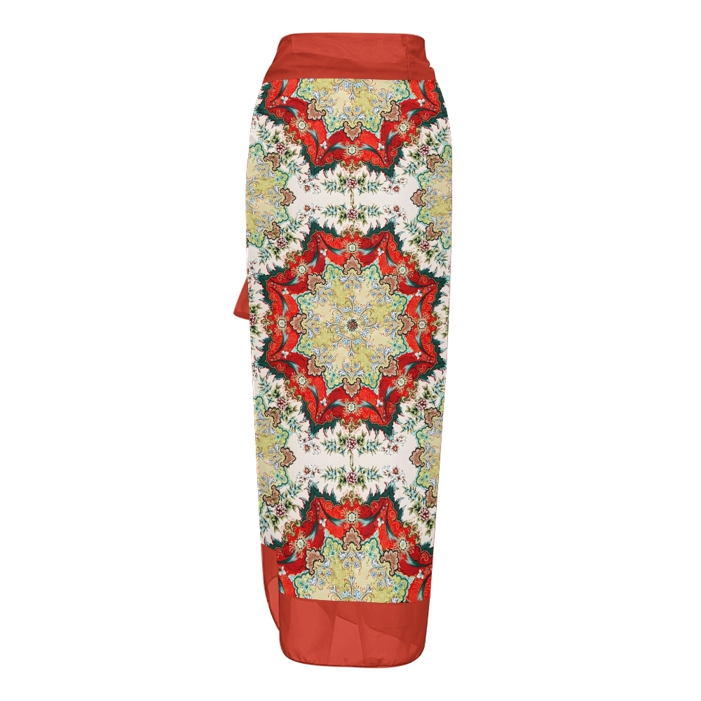 Women's Boho Printed Swimsuits Set with Purple Trim and Waist Tie Skirt