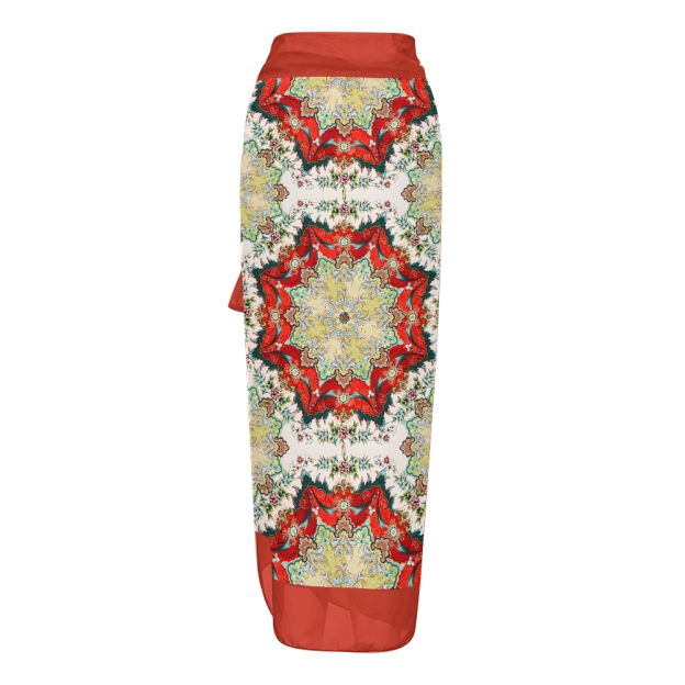 Women's Boho Printed Swimsuits Set with Purple Trim and Waist Tie Skirt