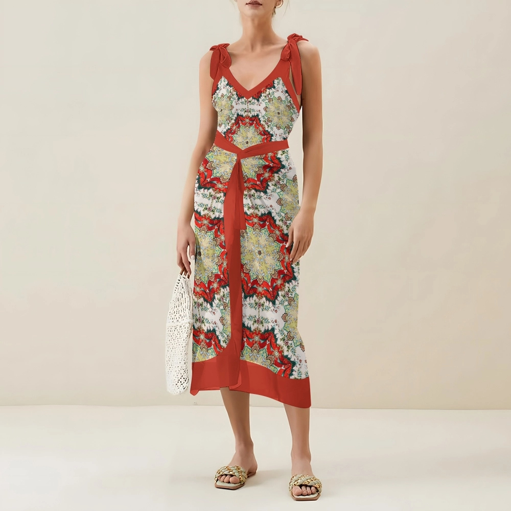 Women's Boho Printed Swimsuits Set with Purple Trim and Waist Tie Skirt