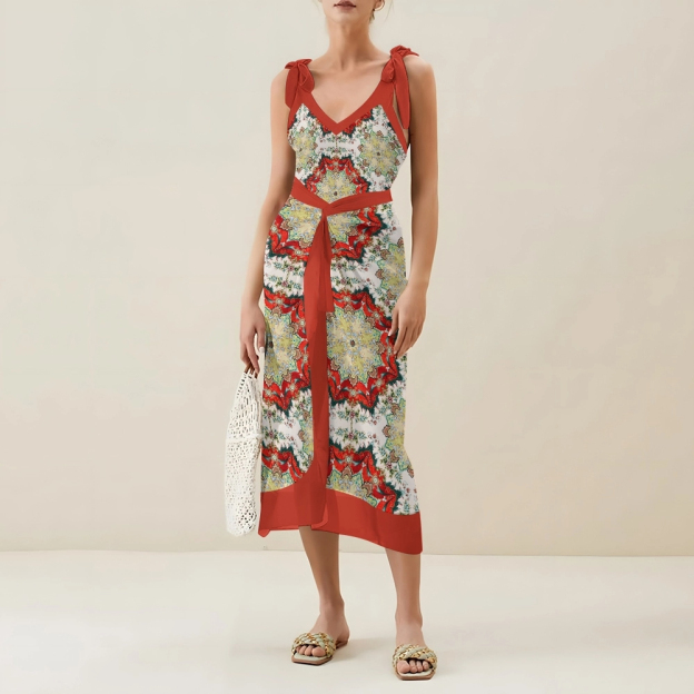 Women's Boho Printed Swimsuits Set with Purple Trim and Waist Tie Skirt