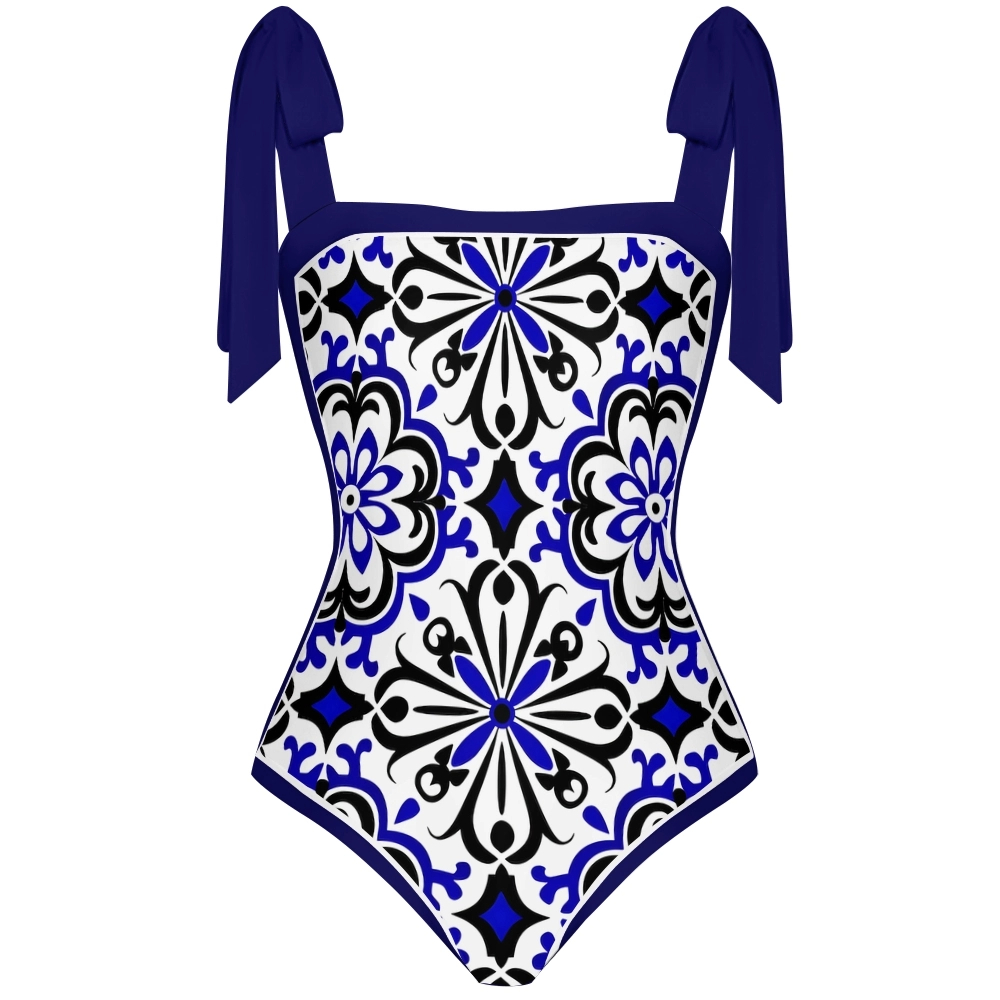 Women's Symmetrical Pattern Print One Piece Swimsuit with Red Bow Tie Straps