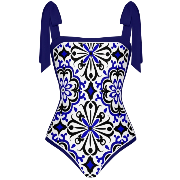 Women's Symmetrical Pattern Print One Piece Swimsuit with Red Bow Tie Straps